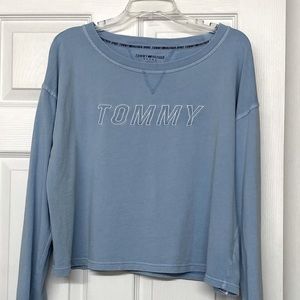 Tommy Hilfiger Embroidered Spell Out Cropped French Terry Top Blue Sz L